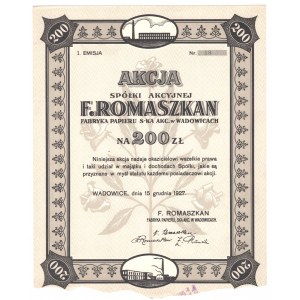 F. Romaszkan Fabryka Papieru Spółka Akcyjna w Wadowicach - Em.1, - 200 złotych 1927