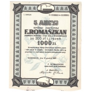 F. Romaszkan Fabryka Papieru Spółka Akcyjna w Wadowicach - Em.1, - 5 x 200 złotych 1927