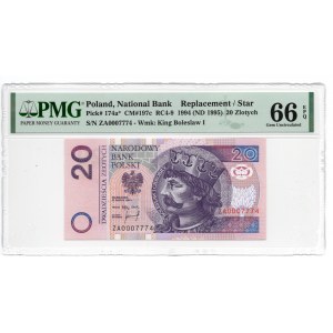 20 złotych 1994 - seria zastępcza ZA 0007774 - PMG 66 EPQ