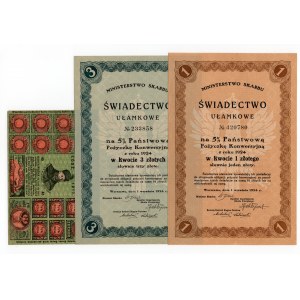 Świadectwo Ułamkowe - 1 i 3 złote 1924 oraz kartka żywnościowa Łódź 1917