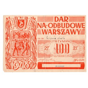 Dar na odbudowę Warszawy na 100 złotych 1946 - cegiełka imienna