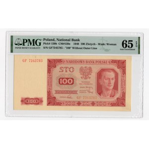 100 złotych 1948 - seria GF - bez ramki wokół nominału 100 - PMG 65 EPQ