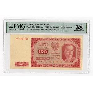 100 złotych 1948 - seria GC - bez ramki wokół nomianłu 100 - PMG 58