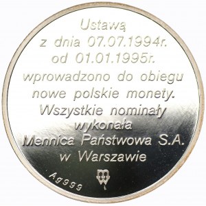 Złotogrosz 1995 - srebro Ag 999, waga 31,1 gram.