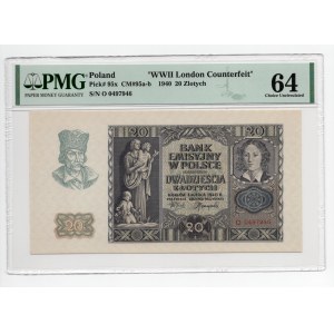 20 złotych 1940 - rzadka seria O - WWII London Counterfeit - PMG 64