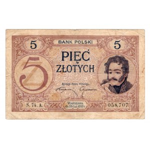 5 złotych 1919 - seria S.74.A. - RZADKI