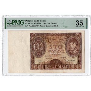 100 złotych 1932 - pierwsza seria AA niska numeracja 0090727 - PMG 35