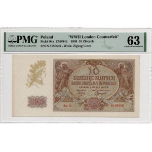 10 złotych 1940 - seria N. - WWII London Counterfeit - PMG 63