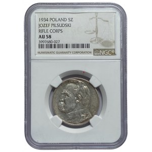 II RP - 5 złotych 1934 - Piłsudski Orzeł Strzelecki - NGC AU 58