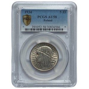 II RP - 5 złotych 1934 - Głowa kobiety - PCGS AU 58