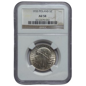 II RP - 5 złotych 1933 - Głowa kobiety - NGC AU 58