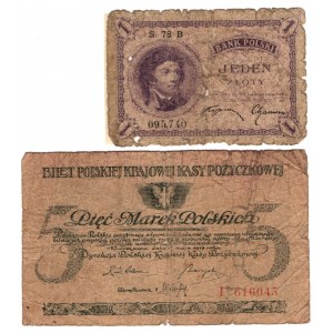 1 złoty 1919 oraz 5 marek polskich 1919
