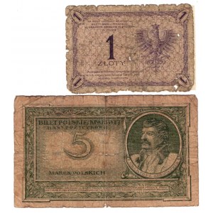 1 złoty 1919 oraz 5 marek polskich 1919
