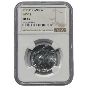 PRL - 5 złotych 1958 - Rybak - szerokie 8 BAŁWANEK - NGC MS 66