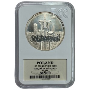 100.000 złotych 1990 - Solidarność Typ A - MS 60 GCN - uncja srebra
