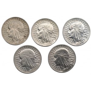 II RP - zestaw 5 sztuk 5 złotych 1932-1934 Głowa Kobiety