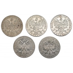 II RP - zestaw 5 sztuk 5 złotych 1932-1934 Głowa Kobiety