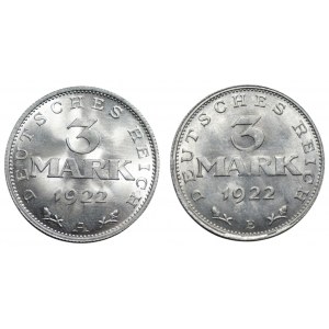 NIEMCY - Republika Weimarska - 2 x 3 marki 1922 (A) Berlin, (E) Muldenhütten