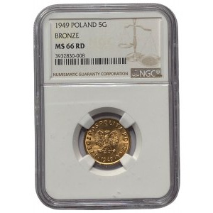 PRL - 5 groszy 1949 - NGC MS 66 RD - 2-ga max nota