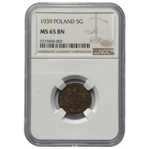 II RP - 5 groszy 1939 - NGC MS 65 BN