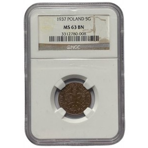 II RP - 5 groszy 1937 - NGC MS 63 BN