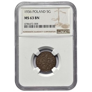 II RP - 5 groszy 1936 - NGC MS 63 BN