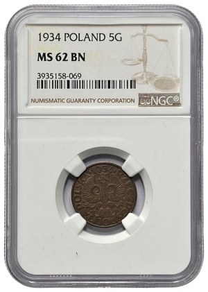 II RP - 5 groszy 1934 - NGC MS 62 BN