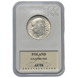 II RP - 5 złotych 1933 - Głowa kobiety - GCN AU 58