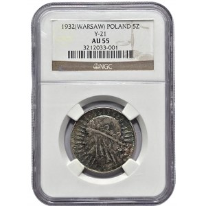 II RP - 5 złotych 1932 Polonia - ze znakiem mennicy - NGC AU55