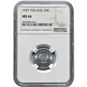 PRL - 20 groszy 1957 -wąska data - NGC MS 66