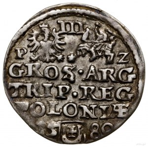 Trojak, 1580, mennica Olkusz; Aw: Mała głowa króla w pr...