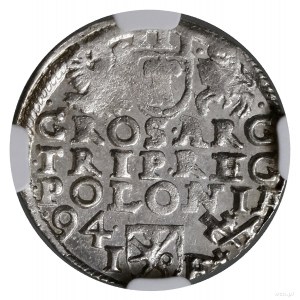 Trojak, 1594, mennica Poznań; wydłużona twarz króla, ko...