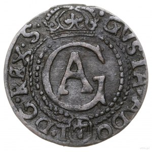 Szeląg, 1627, mennica Elbląg; Aw: Monogram Gustawa Adol...