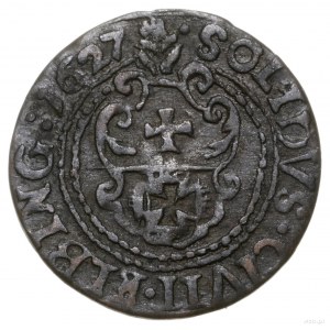 Szeląg, 1627, mennica Elbląg; Aw: Monogram Gustawa Adol...