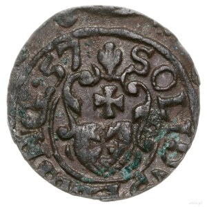 Szeląg, 1657, mennica Elbląg; Aw: Monogram Karola Gusta...