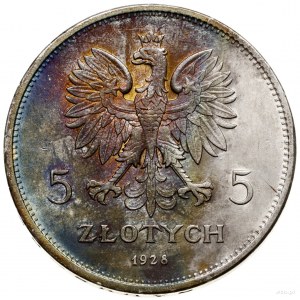 5 złotych, 1928, Warszawa; odmiana ze znakiem mennicy z...