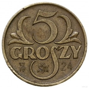5 groszy, 1923, Warszawa; na rewersie data 12 IV 24 i m...