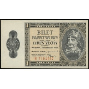 1 złoty, 1.10.1938; seria IH, numeracja 7194283; Lucow ...