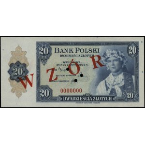 20 złotych, 20.08.1939; numeracja 0000000, czerwony uko...