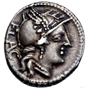 Denar, 77 pne, Rzym; Aw: Głowa Romy w hełmie w prawo, z...