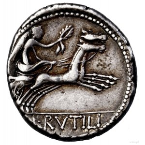 Denar, 77 pne, Rzym; Aw: Głowa Romy w hełmie w prawo, z...