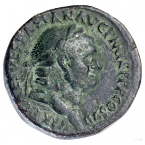 Sestercja, 76, Rzym; Aw: Głowa cesarza w wieńcu laurowy...