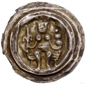 Brakteat, XIII w.; Ukoronowana postać, siedząca na tron...
