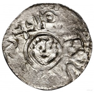 Denar, przed 1107; Wrocław; Aw: Głowa z perełkową fryzu...