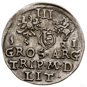 Trojak, 1581, Wilno; odmiana z herbem Leliwa na awersie...