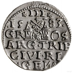 Trojak, 1583, Ryga; korona króla z rozetami, na awersie...