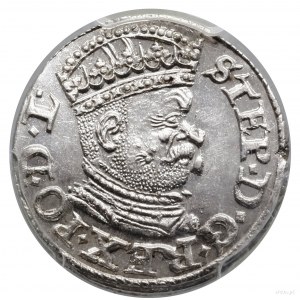 Trojak, 1586, Ryga; niska korona z rozetami, mała głowa...
