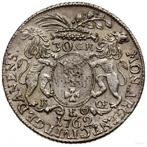 Złotówka (30 groszy), 1762, Gdańsk; odmiana z dużym wie...
