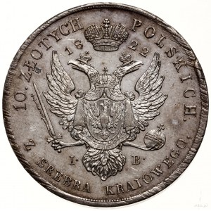 10 złotych, 1822, Warszawa; Aw: Głowa cara w prawo i na...