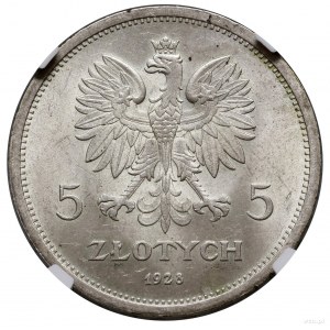 5 złotych, 1928, Warszawa; odmiana ze znakiem mennicy z...